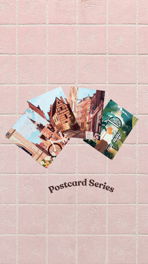 four illustrated postcards fanned out against a pink tiled background, with the text 'Postcard Series' below them.

Details