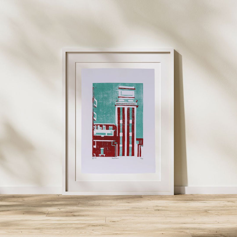 Handmade lino print depicting the Vaartkom area, signed by the artist.