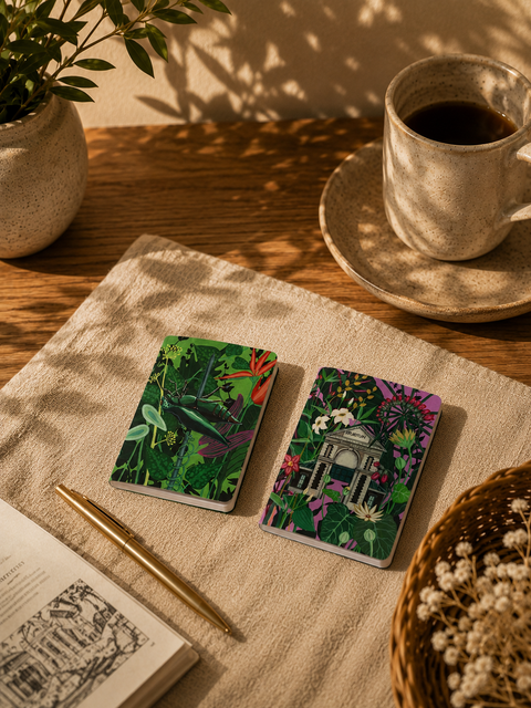 Two small illustrated notebooks with colorful botanical and architectural covers rest on a beige cloth on a wooden table, styled with a cup of coffee, a pen, an open book, and a potted plant in warm sunlight.