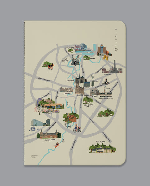 Notebook with a colorful illustrated map of Leuven landmarks, including parks, historical buildings, and key city spots, printed on a light beige cover.