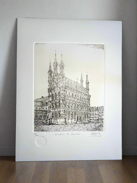 Limited-edition etching of the Old Town Hall in Leuven by Belgian artist André Wellens. Handmade using traditional acid etching on eco-friendly paper. A rare collector’s piece, individually signed and numbered, with no reprints available. Perfect gift for architecture and fine art lovers.