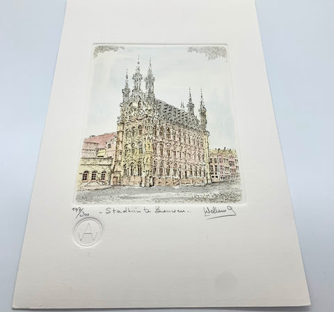 Limited-edition etching of the Old Town Hall in Leuven by Belgian artist André Wellens. Handmade using traditional acid etching on eco-friendly paper. A rare collector’s piece, individually signed and numbered, with no reprints available. Perfect gift for architecture and fine art lovers.