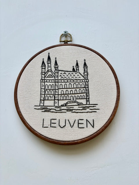 Stunning building of LEuven, Old Town Hall, embroidery hoop art