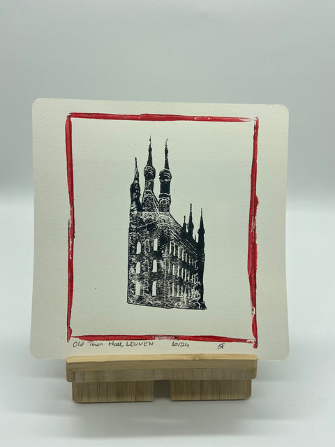 lino print poster of Leuven Old town hall
