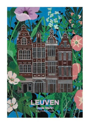 A square art print or book cover featuring an illustrated brown building surrounded by green foliage, blue sky, and pink and white flowers. The word 'LEUVEN' appears vertically on the left side.