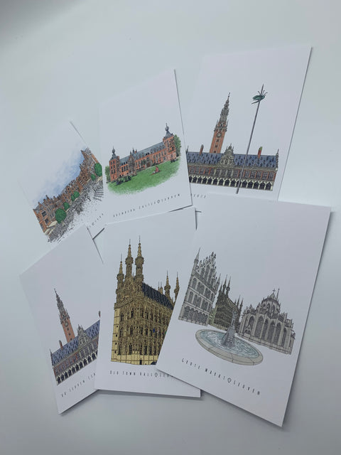 Set of 6 illustrated postcards featuring Leuven’s most iconic landmarks, printed with Indigo digital press for vibrant colors. Includes matching envelopes, size 15 cm x 10 cm.