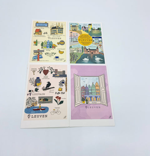 Set of 4 postcards featuring colorful illustrations of Leuven’s landmarks. 