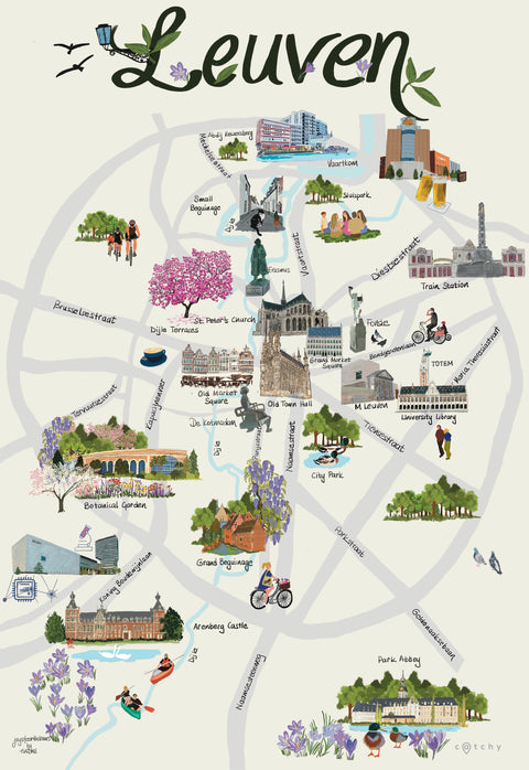 English-language poster featuring a colorful illustrated map of Leuven with key landmarks, parks, and attractions, displayed on a modern white wall.