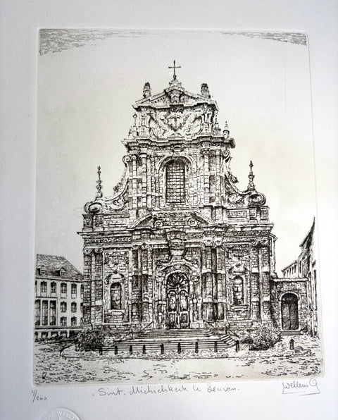 Limited-edition etching of Sint_Michele_Church in Leuven by Belgian artist André Wellens. Handmade using traditional acid etching on eco-friendly paper. A rare collector’s piece, individually signed and numbered, with no reprints available. Perfect gift for architecture and fine art lovers.