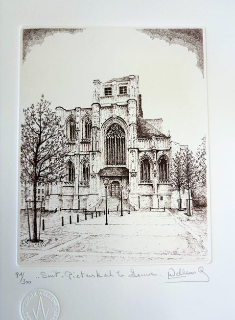 Limited-edition etching of St Pieterskerk in Leuven by Belgian artist André Wellens. Handmade using traditional acid etching on eco-friendly paper. A rare collector’s piece, individually signed and numbered, with no reprints available. Perfect gift for architecture and fine art lovers.