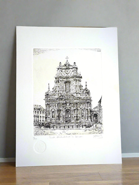 Limited-edition etching of Sint Michele Church in Leuven by Belgian artist André Wellens. Handmade using traditional acid etching on eco-friendly paper. A rare collector’s piece, individually signed and numbered, with no reprints available. Perfect gift for architecture and fine art lovers.