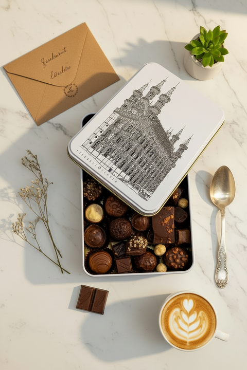 Assorted chocolates in a decorative tin with Old Town Hall Leuven illustration, next to a cup of coffee and a small plant on a marble surface.