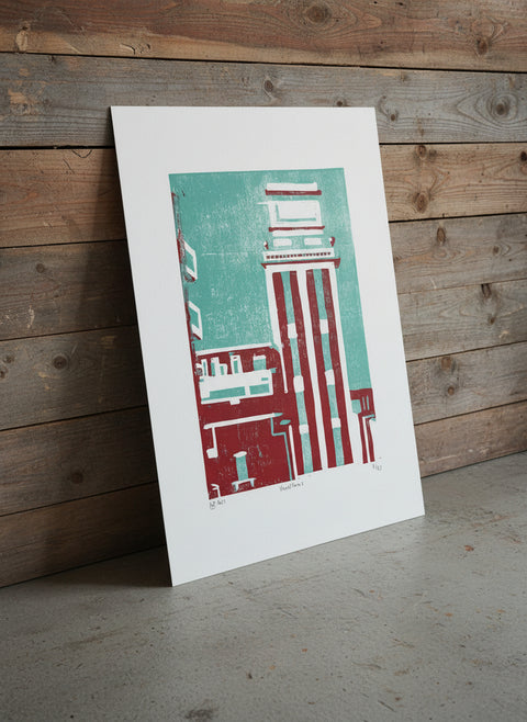 Handmade lino print depicting the Vaartkom area, signed by the artist.