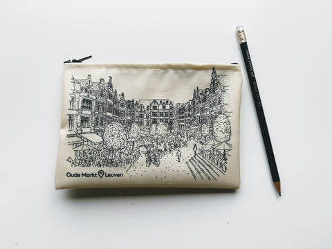 Pouch with a printed design of a Oude Markt in Leuven and a pencil next to it on a white background