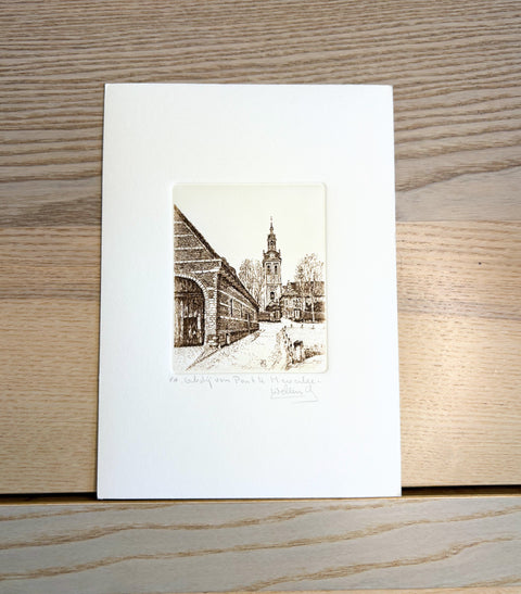 Limited-edition etching of Abdij Van Park by Belgian artist André Wellens. Handmade using traditional acid etching on eco-friendly paper. A rare collector’s piece, individually signed and numbered, with no reprints available. Perfect gift for architecture and fine art lovers.