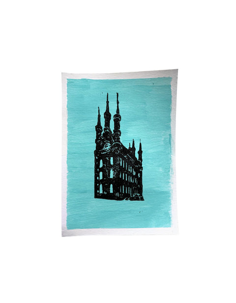 Poster- Lino Print with colour background– Leuven Town Hall