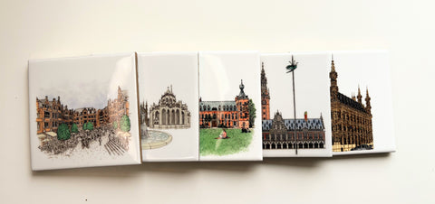 Ceramic coaster set featuring detailed illustration of Leuven’s famous landmarks. 