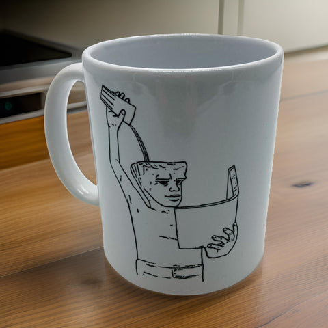 White ceramic mug featuring an illustrated design of Leuven city symbol, Fonske statue. 