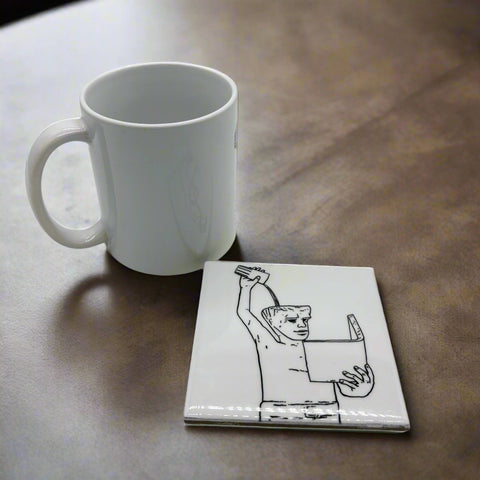 Ceramic coaster set featuring a detailed illustration of Leuven city symbol Fonske.  