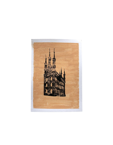 Poster- Lino Print with colour background– Leuven Town Hall