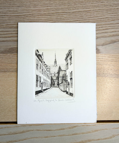 Limited-edition etching of Groot Begijnhof in Leuven by Belgian artist André Wellens. Handmade using traditional acid etching on eco-friendly paper. A rare collector’s piece, individually signed and numbered, with no reprints available. Perfect gift for architecture and fine art lovers.