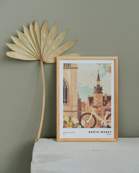 Illustrated print of Leuven featuring iconic landmark, Grote Markt, with charming details. 