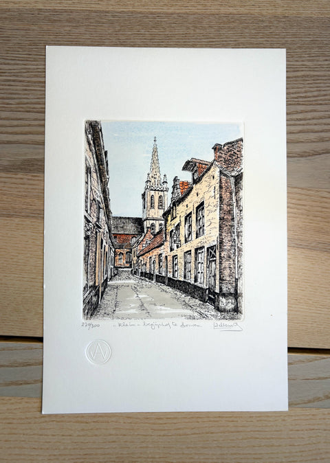 Limited-edition etching of Klein Begijnhof in Leuven by Belgian artist André Wellens. Handmade using traditional acid etching on eco-friendly paper. A rare collector’s piece, individually signed and numbered, with no reprints available. Perfect gift for architecture and fine art lovers.