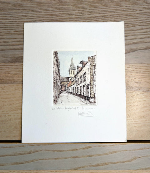 Limited-edition etching of Klein Begijnhof in Leuven by Belgian artist André Wellens. Handmade using traditional acid etching on eco-friendly paper. A rare collector’s piece, individually signed and numbered, with no reprints available. Perfect gift for architecture and fine art lovers.