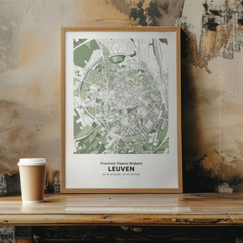 Framed poster featuring a detailed geographical map of Leuven with green and white topographic elements and coordinates, titled “Provincie Vlaams-Brabant Leuven.