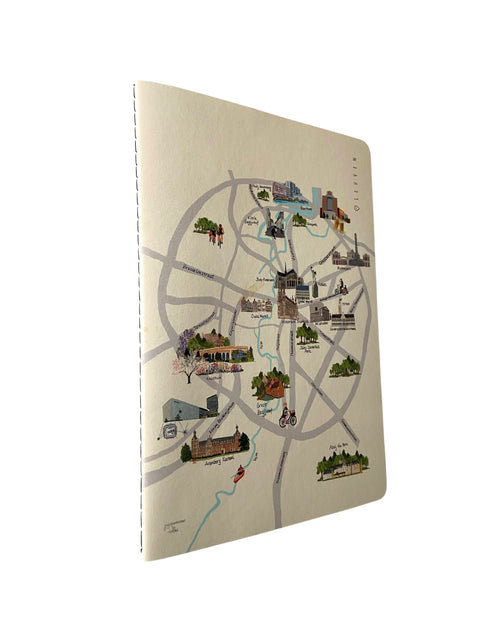 Notebook with a colorful illustrated map of Leuven landmarks, including parks, historical buildings, and key city spots, printed on a light beige cover