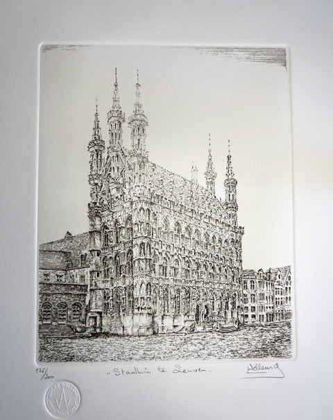 Limited-edition etching of the Old Town Hall in Leuven by Belgian artist André Wellens. Handmade using traditional acid etching on eco-friendly paper. A rare collector’s piece, individually signed and numbered, with no reprints available. Perfect gift for architecture and fine art lovers.