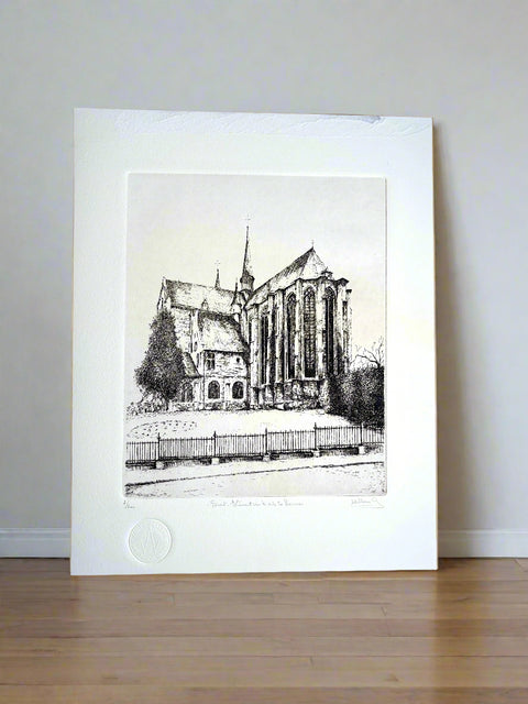 Limited-edition etching of sint kwintenskerk in Leuven by Belgian artist André Wellens. Handmade using traditional acid etching on eco-friendly paper. A rare collector’s piece, individually signed and numbered, with no reprints available. Perfect gift for architecture and fine art lovers.