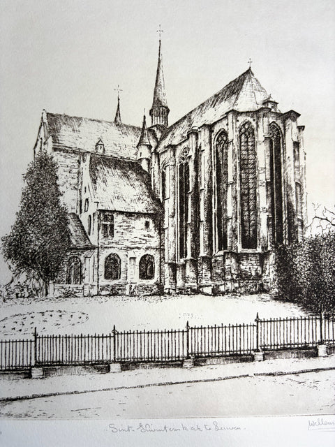 Limited-edition etching of sint kwintenskerk in Leuven by Belgian artist André Wellens. Handmade using traditional acid etching on eco-friendly paper. A rare collector’s piece, individually signed and numbered, with no reprints available. Perfect gift for architecture and fine art lovers.