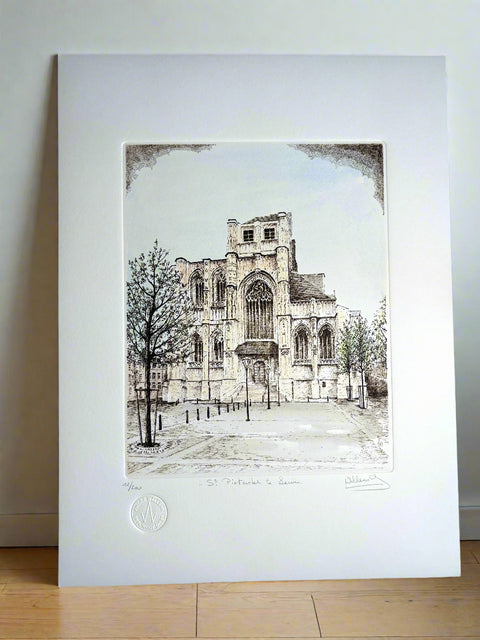 Limited-edition etching of St Pieterskerk in Leuven by Belgian artist André Wellens. Handmade using traditional acid etching on eco-friendly paper. A rare collector’s piece, individually signed and numbered, with no reprints available. Perfect gift for architecture and fine art lovers.