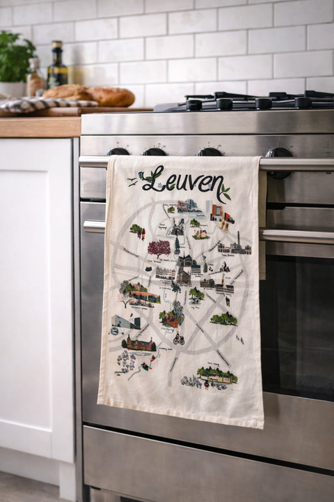Leuven map tea towel in kitchen