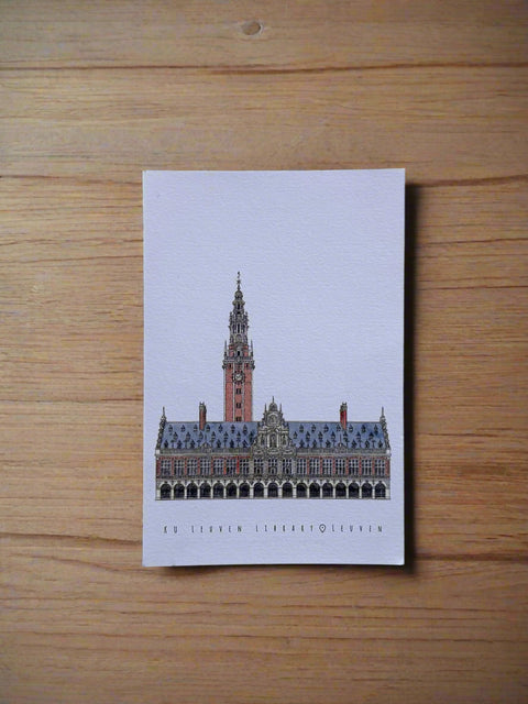 Postcard featuring a detailed illustration of the University Library and tower, with the text “KU Leuven Library • Leuven” printed below on textured white cardstock.