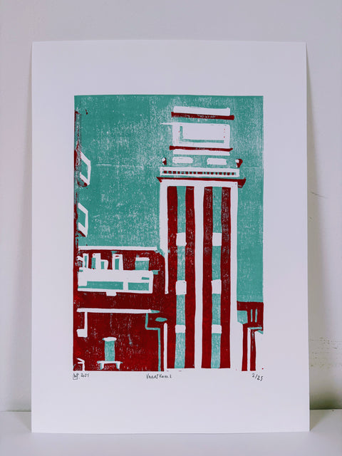 Handmade lino print depicting the Vaartkom area, signed by the artist.”