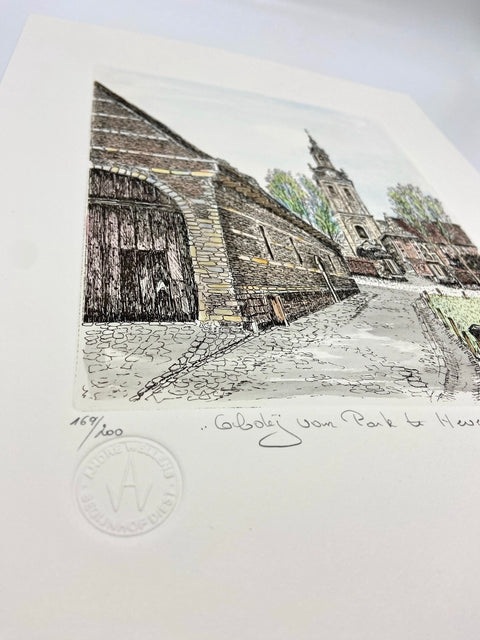 Limited-edition etching of Abdij Van Park by Belgian artist André Wellens. Handmade using traditional acid etching on eco-friendly paper. A rare collector’s piece, individually signed and numbered, with no reprints available. Perfect gift for architecture and fine art lovers.