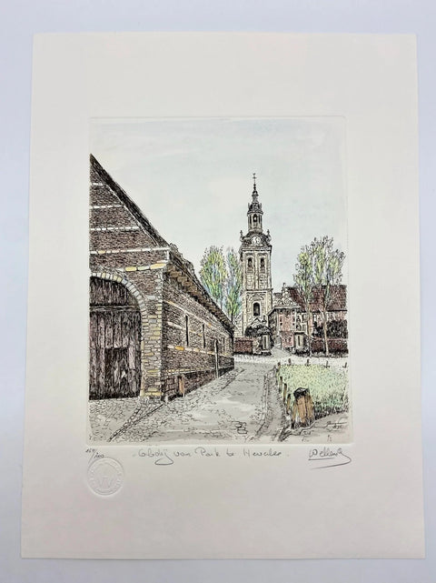 Limited-edition etching of Abdij van Park Leuven by Belgian artist André Wellens. Handmade using traditional acid etching on eco-friendly paper. A rare collector’s piece, individually signed and numbered, with no reprints available. Perfect gift for architecture and fine art lovers.