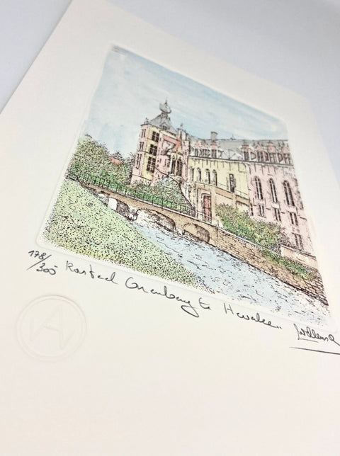 Limited-edition etching of Arenberg Castle in Leuven by Belgian artist André Wellens. Handmade using traditional acid etching on eco-friendly paper. A rare collector’s piece, individually signed and numbered, with no reprints available. Perfect gift for architecture and fine art lovers.