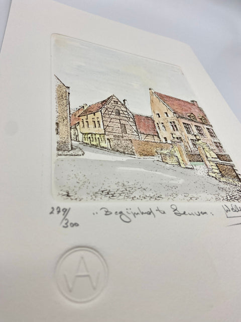 Limited-edition etching of Begijnhof in Leuven by Belgian artist André Wellens. Handmade using traditional acid etching on eco-friendly paper. A rare collector’s piece, individually signed and numbered, with no reprints available. Perfect gift for architecture and fine art lovers.