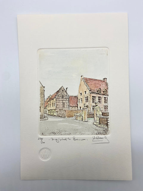 Limited-edition etching of Begijnhof in Leuven by Belgian artist André Wellens. Handmade using traditional acid etching on eco-friendly paper. A rare collector’s piece, individually signed and numbered, with no reprints available. Perfect gift for architecture and fine art lovers.