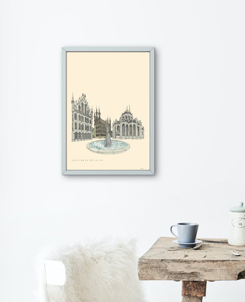 Poster featuring a detailed illustration of Leuven’s iconic square Grote Markt, with the text “Grote Markt • Leuven” on a cream background.