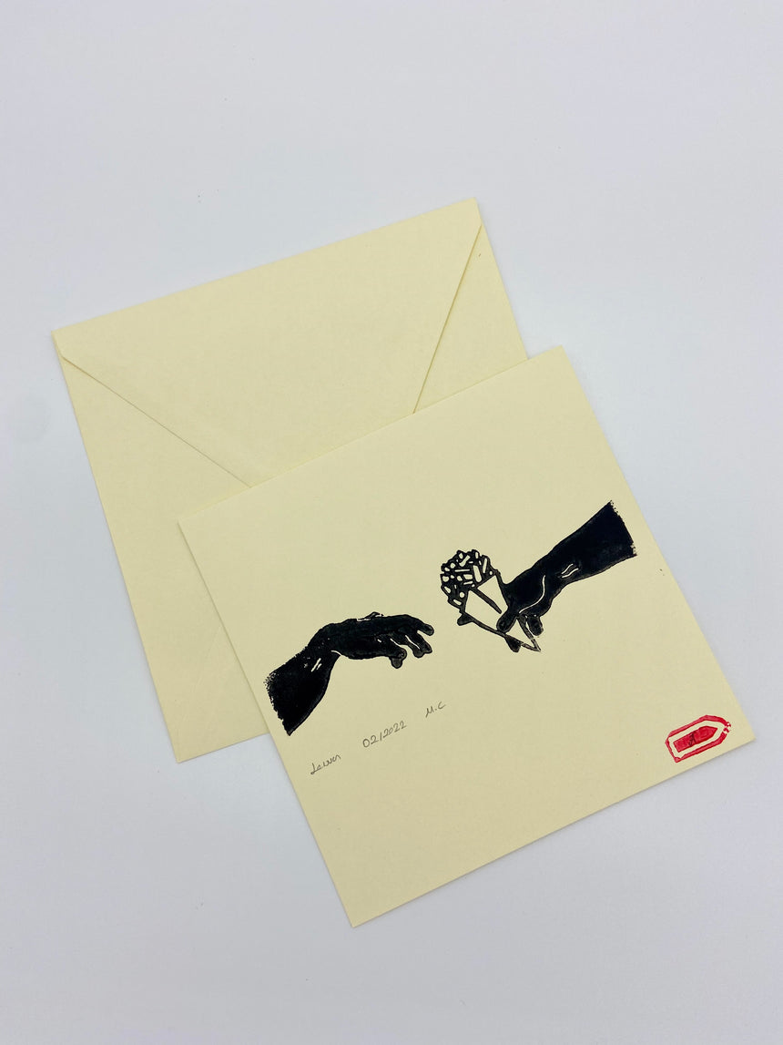 Postcard- Lino Print 'Snacking on frites'