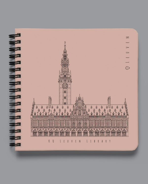 Spiral-bound Leuven notebook featuring Arenberg Castle and KU Leuven Library designs. Sturdy hardcover with durable metal binding and 80 acid-free blank pages. Compact 15x15 cm size, perfect for sketching, writing, or note-taking. A stylish and practical gift for Leuven lovers, students, and creatives.
