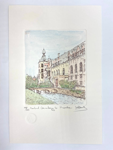 Limited-edition etching of Arenberg Castle in Leuven by Belgian artist André Wellens. Handmade using traditional acid etching on eco-friendly paper. A rare collector’s piece, individually signed and numbered, with no reprints available. Perfect gift for architecture and fine art lovers.