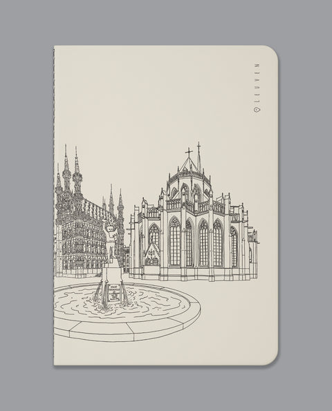 Leuven-themed notebook collection featuring iconic designs of Ladeuzeplein, Grote Markt, and Fonske. Handmade with Singer sewn binding, acid-free blank pages, and a durable cardboard cover. Compact 14x20 cm size, perfect for journaling, sketching, or note-taking. A stylish souvenir or thoughtful gift for Leuven lovers.