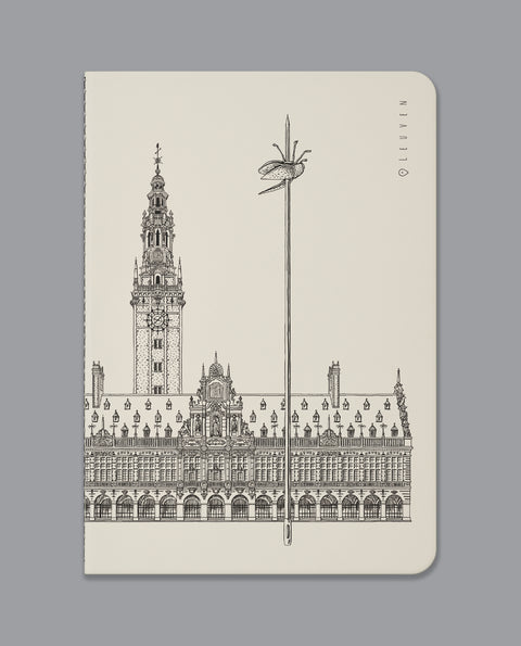 Notebook with a black line art illustration of Leuven’s famous square, Ladeuzplien with cream-coloured cover.