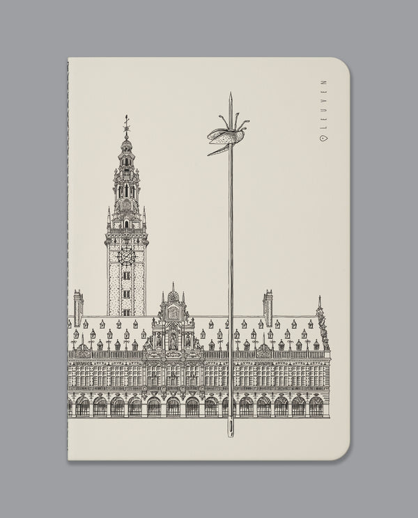 Notebook with a black line art illustration of Leuven’s famous square, Ladeuzplien with cream-coloured cover.