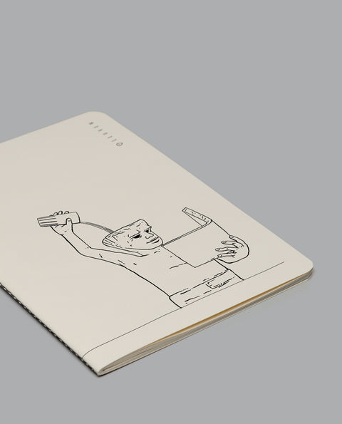 Notebook with a black line art illustration of Leuven city symbol, Fonske. 